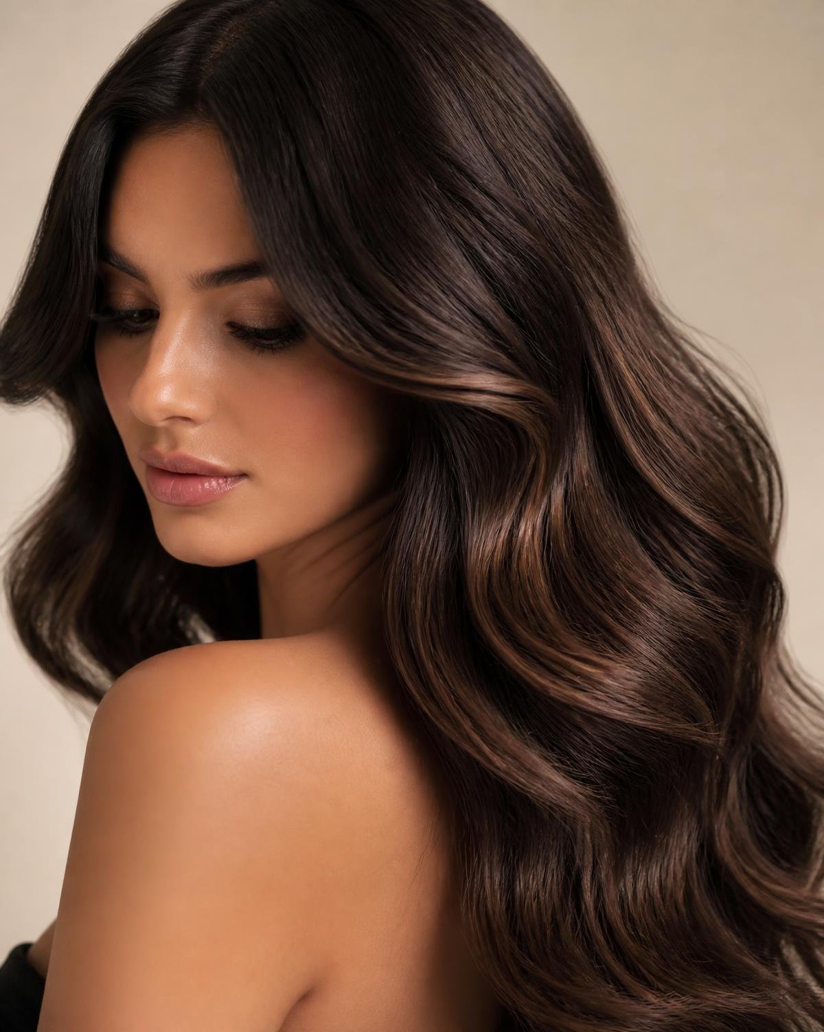 Softly waved, glossy styled hair in warm editorial lighting