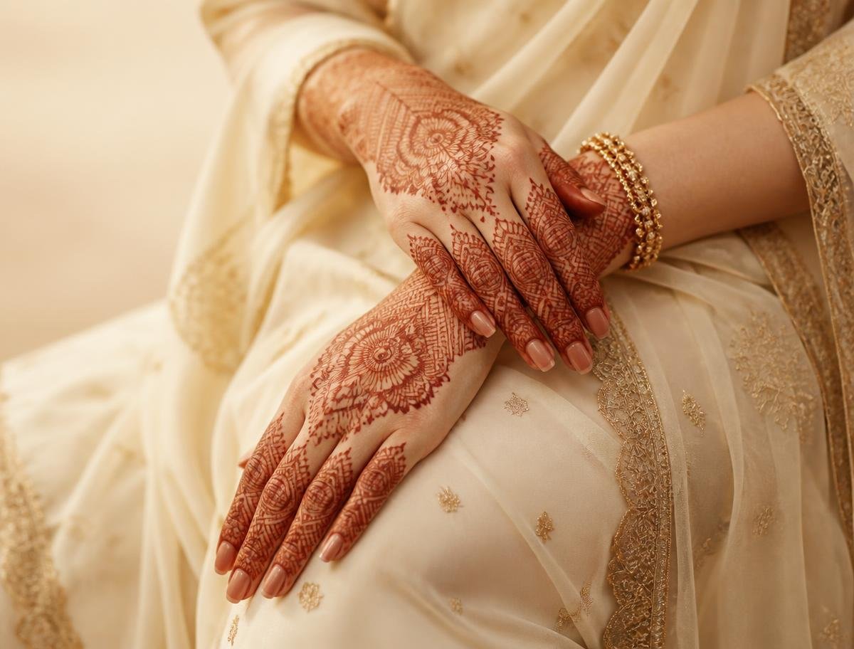 Hands decorated with intricate traditional henna patterns