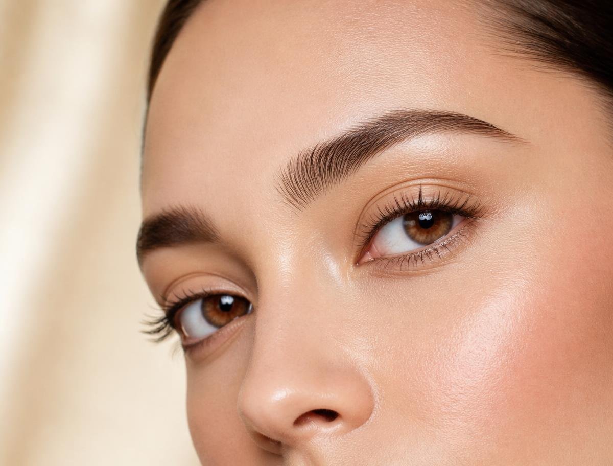 Close view of precisely shaped, natural-looking eyebrows