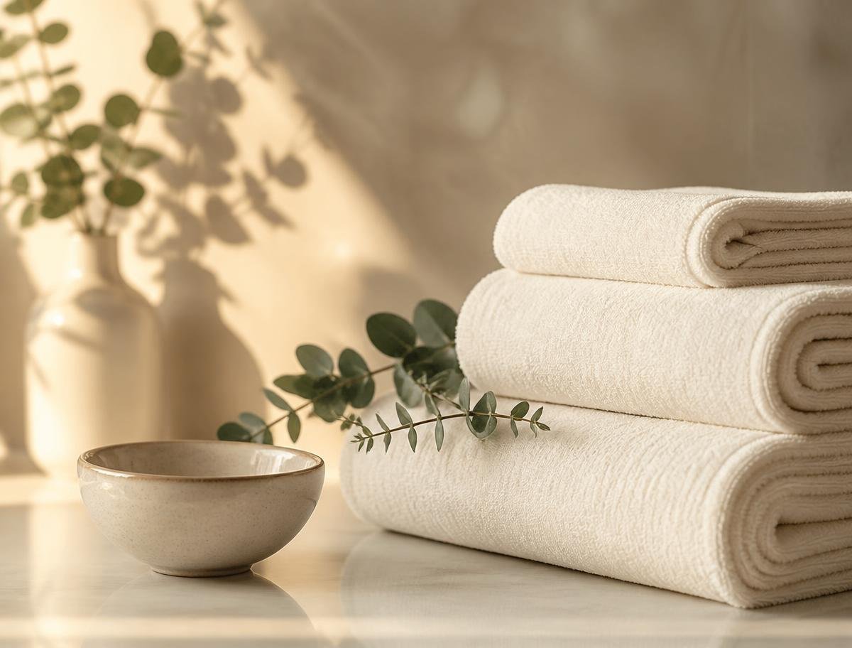 Folded ivory towels and a ceramic bowl in warm treatment-room light